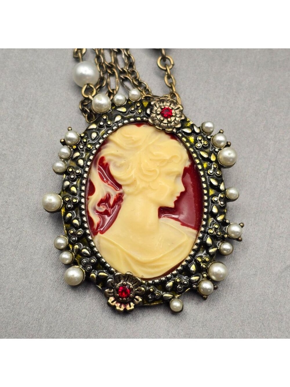 Victorian Revival Faux Cameo Necklace 26" Multi Strand Station Chain by Jennis B - Picture 11 of 12